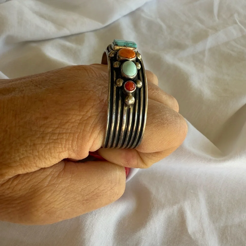 A. Jake Navajo Bracelet Turquoise & Coral Stone Sterling Silver Bracelet 7” NWOT - Picture 8 of 11